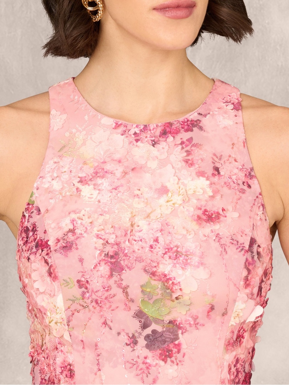 Aidan Matox Sz 10 Pink 3D Floral Sleeveless Midi Dress Sequin Boho - Picture 4 of 12